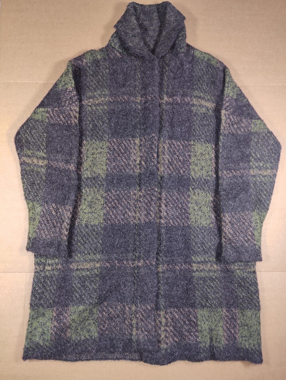 Poetry Womens Green Black Plaid Alpaca Chunky Knit Relaxed Overcoat Size 12